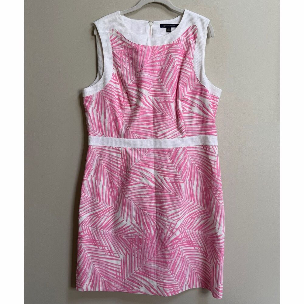 Brooks Brothers Pink & White Palm Print Textured Sleeveless Sheath Dress Size 16